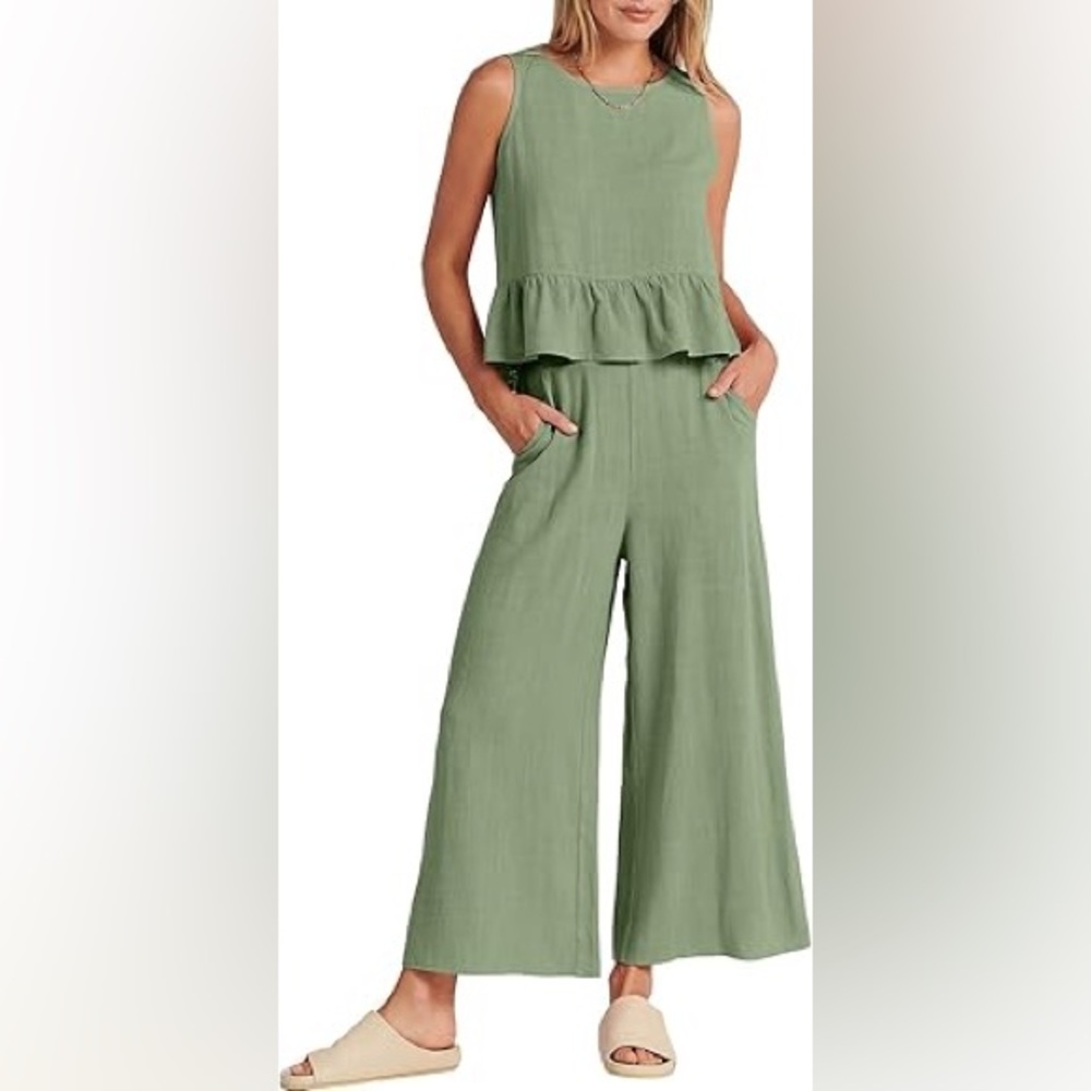 ANRABESS Piece Crop Tank Wide Leg Pants Set in Pea Green size Medium